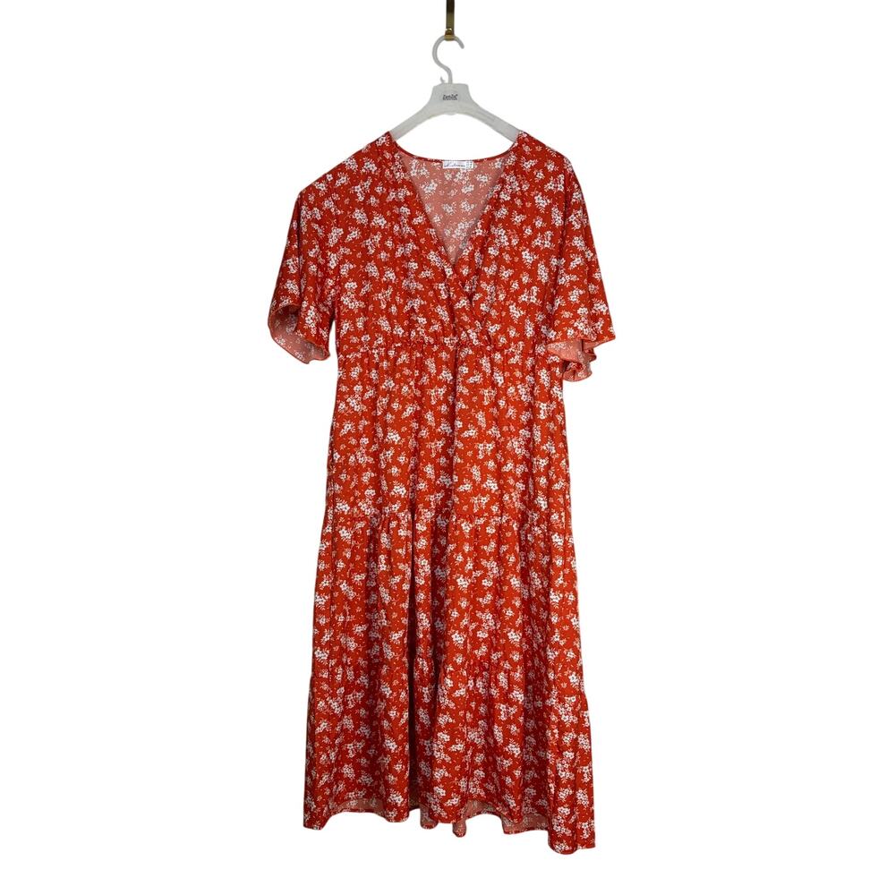 Kelimune Red Floral Faux Wrap Maxi Dress Size 20 Tiered Wedding Guest Plus Size
